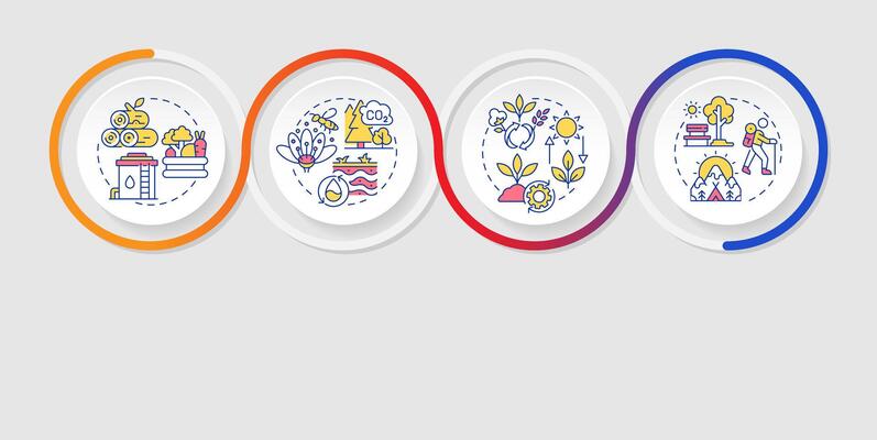 Ecosystem services infographics circles sequence. Environmental sustainability. Visualization layout with 4 steps. Info chart loop process presentation