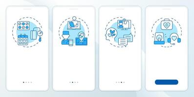 Applications of telehealth blue onboarding mobile app screen. Walkthrough 4 steps editable graphic instructions with linear concepts. UI, UX, GUI template vector
