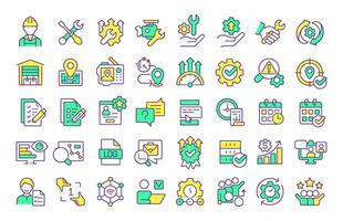 Field service management RGB color icons set. FMS system. Represent tools, gears, documents and workflows. Isolated illustrations. Simple filled line drawings collection. Editable stroke vector