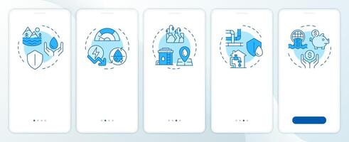 Benefits of water recycling blue onboarding mobile app screen. Walkthrough 5 steps editable graphic instructions with linear concepts. UI, UX, GUI template vector