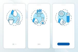 Water properties blue onboarding mobile app screen. Analysis walkthrough 3 steps editable graphic instructions with linear concepts. UI, UX, GUI template vector
