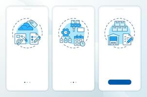 MRP input blue onboarding mobile app screen. Industry management. Walkthrough 3 steps editable graphic instructions with linear concepts. UI, UX, GUI template vector