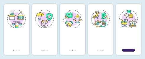 Public service rights onboarding mobile app screen. Walkthrough 5 steps editable graphic instructions with linear concepts. UI, UX, GUI template vector