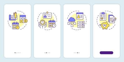 HRIS onboarding mobile app screen. HR information system. Walkthrough 4 steps editable graphic instructions with linear concepts. UI, UX, GUI template vector