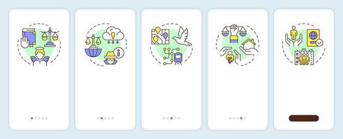 Human law rights onboarding mobile app screen. Walkthrough 5 steps editable graphic instructions with linear concepts. UI, UX, GUI template vector