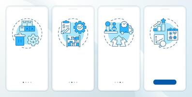 Benefits of MRP II blue onboarding mobile app screen. Manufacture. Walkthrough 4 steps editable graphic instructions with linear concepts. UI, UX, GUI template vector