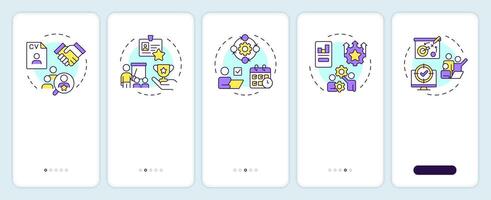 HR process onboarding mobile app screen. Management. Walkthrough 5 steps editable graphic instructions with linear concepts. UI, UX, GUI template vector
