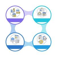 HRIS infographic circles flowchart. Human resource information system. Employees work for company. Visualization diagram with 4 steps. Circular info graphic editable vector