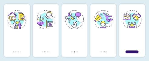 Social rights freedom onboarding mobile app screen. Walkthrough 5 steps editable graphic instructions with linear concepts. UI, UX, GUI template vector