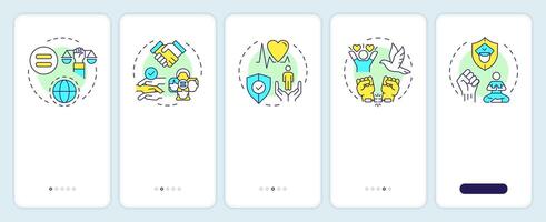 Social equality freedom onboarding mobile app screen. Walkthrough 5 steps editable graphic instructions with linear concepts. UI, UX, GUI template vector