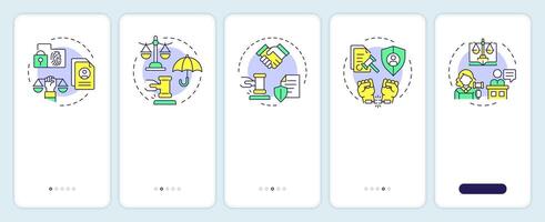 Legal rights regulation onboarding mobile app screen. Walkthrough 5 steps editable graphic instructions with linear concepts. UI, UX, GUI template vector