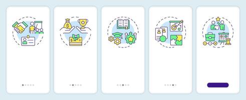 HRMS onboarding mobile app screen. HR management system. Walkthrough 5 steps editable graphic instructions with linear concepts. UI, UX, GUI template vector