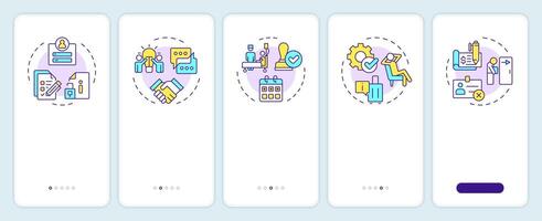 Operational HR onboarding mobile app screen. Human resource. Walkthrough 5 steps editable graphic instructions with linear concepts. UI, UX, GUI template vector