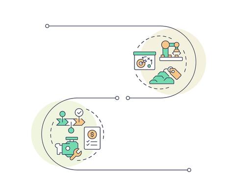 MRP infographic vertical sequence. Manufacture technology improvement. Industrial inventory. Visualization infochart with 2 steps. Circles workflow