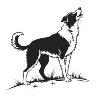 A bold, black and white silhouette of a dog, likely a Labrador Retriever mix, is presented in a dynamic profile view. vector