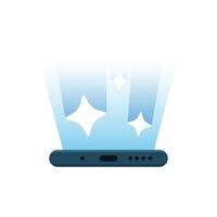Flat illustration of a smartphone screen emitting bright rays with sparkle icons. new feature or update in a mobile application. for app promotions, update announcements, and tech related designs vector