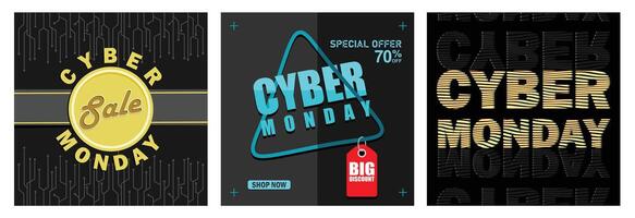 Cyber Monday promotional designs with circuit patterns and discount highlights. vector