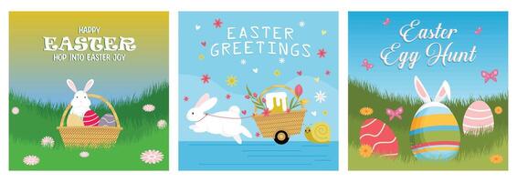 Colorful Easter-themed illustrations featuring bunnies, eggs, and joyful spring elements. vector