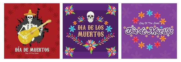 Commemorating the day of the dead with a human skull on a purple background with colorful flowers. vector