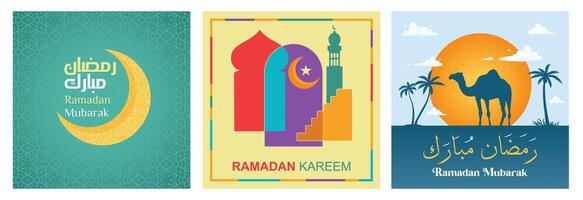 Beautiful Ramadan themed illustrations featuring crescent moon, mosque, and camel scenery. vector