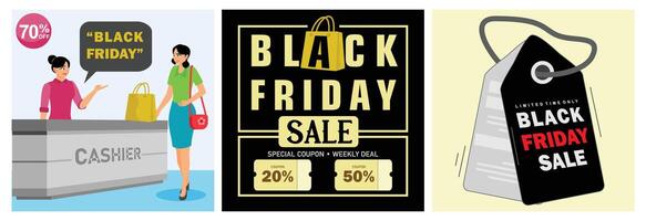 Black Friday sale promotions featuring discounts and shopping scenes. vector