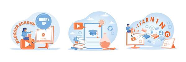 The e-learning concept is illustrated with an online education system and educational elements. vector