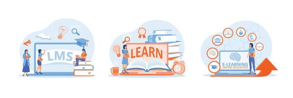 Educational concept illustrations highlighting LMS, learning, and e-learning platforms. vector