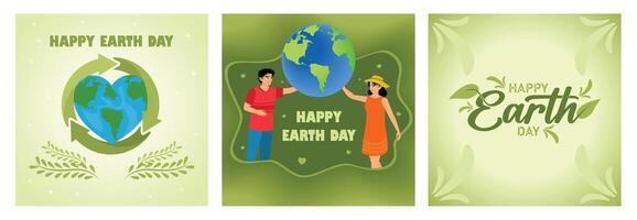 Happy Earth Day illustrations with planet and green-themed design elements. vector
