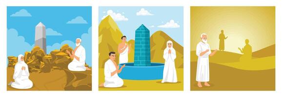 Illustrative scenes depicting pilgrimage practices in desert and sacred locations. vector