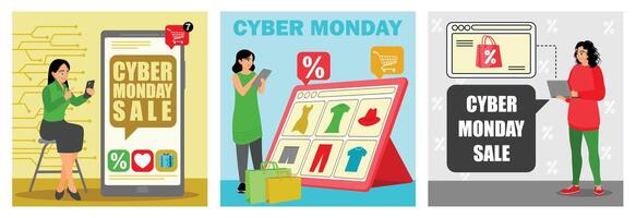 Cyber Monday shopping concepts featuring digital devices and sales promotions. vector