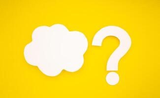 A white speech bubble cloud and question mark symbol are on a yellow background photo