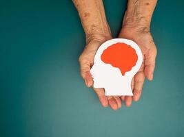 Top view of head with a brain made from paper on the palm senior woman over a green background photo