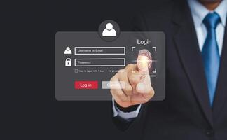 Close-up of hand scan fingerprint biometric identity to access personal data in the computer. photo
