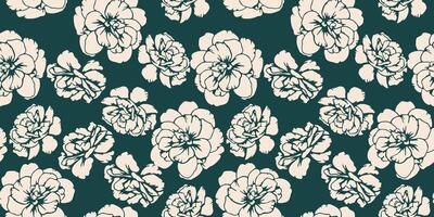 Abstract shapes buttercups, pansies seamless pattern on a dark green background. Bi color contour silhouettes flowers print. hand drawn. Plain nature ornament for designs vector
