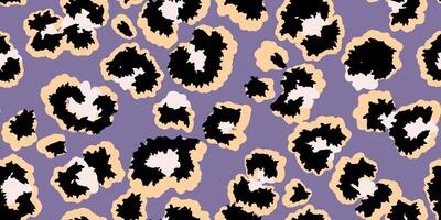 Colorful leopard-inspired seamless pattern with bold spots outlined on a purple violet background. Unique abstract animal print ornament for fashion design, modern decor, artistic branding projects. vector
