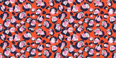 Colorful leopard-inspired pattern with abstract spots in pink shades on a orange background. Bold, modern design animal print perfect for fashion, textiles, creative branding projects. vector