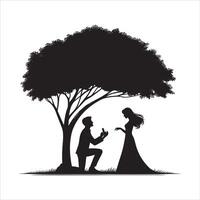 Silhouette of a man proposing to a woman under a tree vector