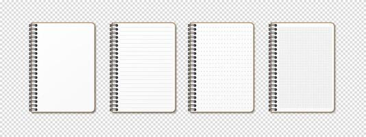 Vertical spiral notepad with a realistic design. Features lined, grid, checkered, dotted, and blank pages. Ideal for exercises and homework. vector