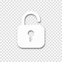 Paper cut style icon of an opened lock with a shadow. Unlock symbol for website design, representing security and protection. vector
