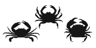 Set of black crab icons on white background. Bold and detailed silhouettes symbolizing marine life and seafood themes. Perfect for restaurant menus, graphic design vector