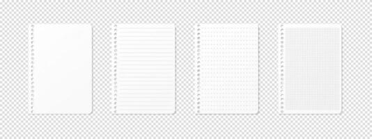 Realistic horizontal sheet for spiral notepad, featuring ruled, lined, gridded, checkered, dotted, and blank pages vector