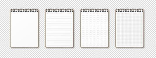 Horizontal spiral notepad with realistic design. Includes lined, grid, checkered, dotted, and blank pages. Perfect for homework or exercises. vector