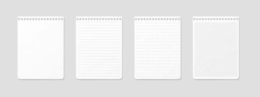 Horizontal sheets with ruled, lined, gridded, checkered, dotted, and blank designs. Realistic pages for a horizontal spiral notepad. Top-down view. vector