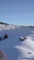 Aerial view of a serene winter landscape featuring rolling snow-covered hills. A small cabin nestled among the snow and trees showcases the tranquility of this remote location. Vertical footage video