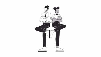 Confident diverse partners standing back to back doodle linear animation. Work besties 4K motion graphic. Businesspeople arms crossed animated 2D outline characters sketch isolated on white video