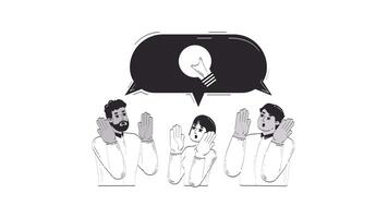 Multicultural team amazed by bright idea doodle outline animation. Light bulb speech bubble 4K motion graphic. Brainstorming office workers animated sketch 2D concept isolated on white video