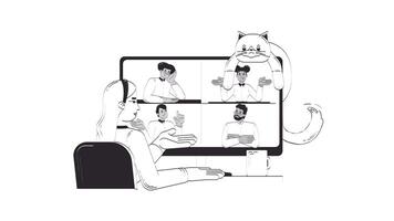 Virtual meeting with lazy cat and coffee doodle outline animation. Remote job. call 4K motion graphic. Teleworker woman working from home animated sketch 2D concept isolated on white video