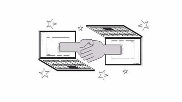 Virtual handshake connecting two laptops doodle outline animation. Agreement digital 4K motion graphic. Two hands shaking through notebooks screens animated sketch 2D concept isolated on white video