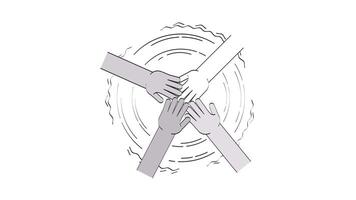 Diverse hands in unity circle doodle outline animation. Cultural diversity 4K motion graphic. Team arms placed together in circular formation animated sketch 2D concept isolated on white video