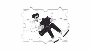 Employee playing individual role in completing puzzle doodle outline animation. 4K motion graphic. Team member contributes in achieving unified whole animated sketch 2D concept isolated on white video